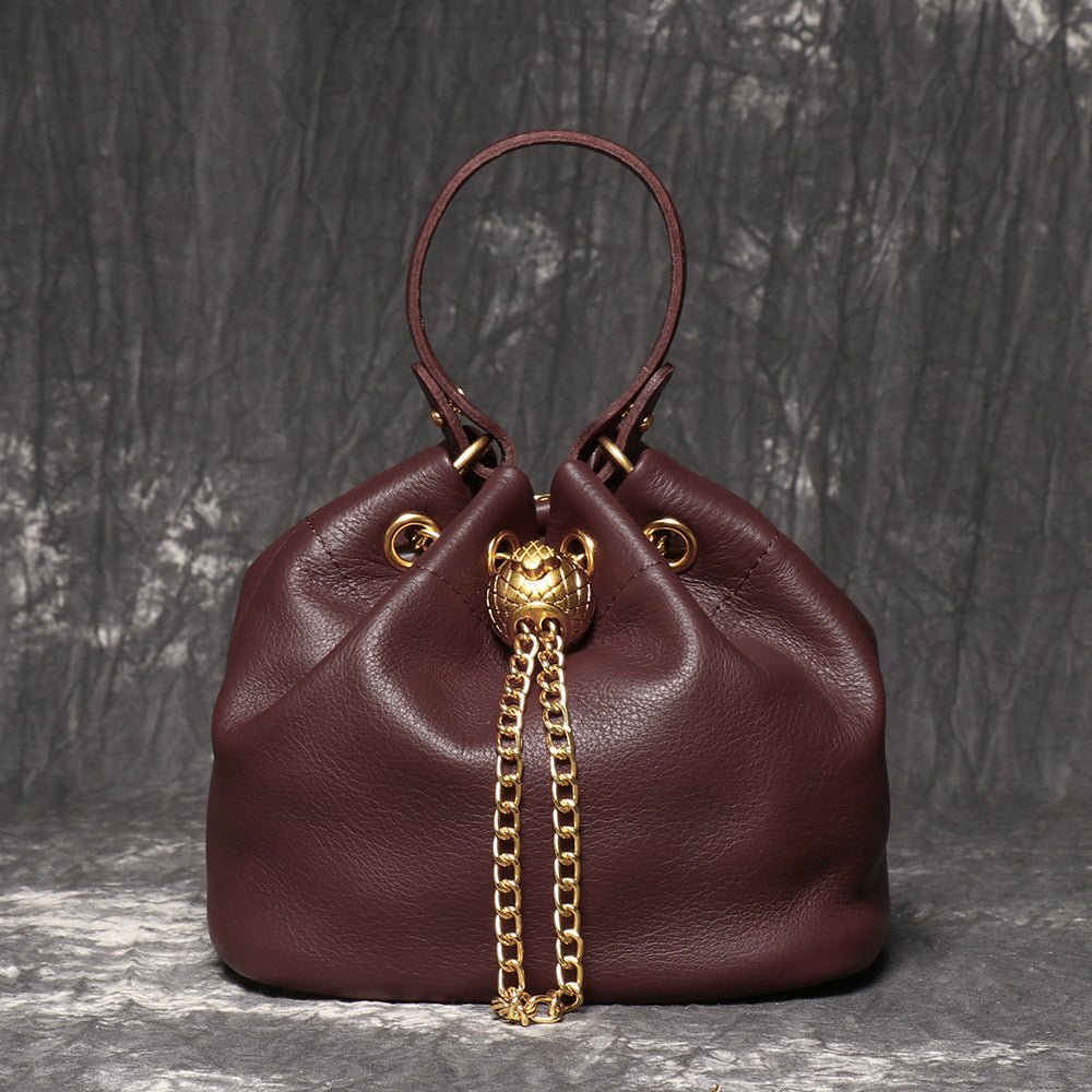 Compact Top - Grain Leather Mini Drawstring Bucket Handbag – Babylon Leather - Babylon LeatherBabylon LeatherLJ142-Coffee