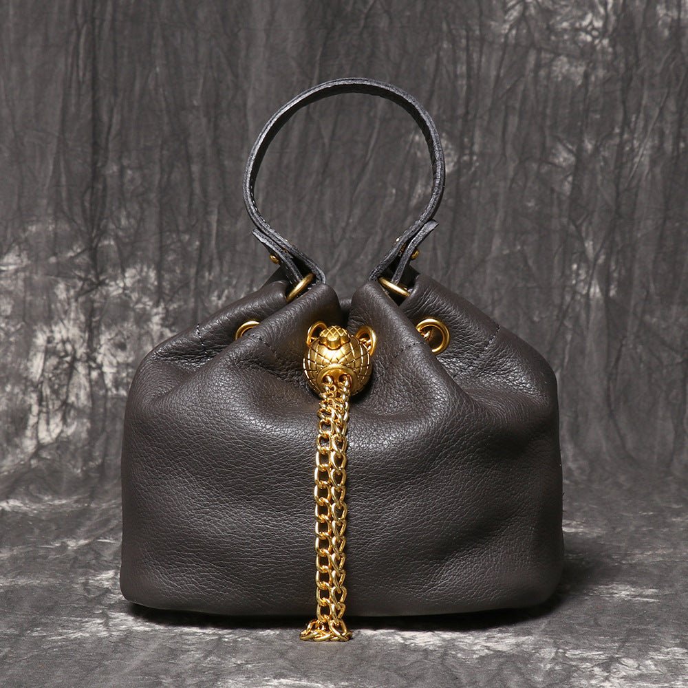 Compact Top - Grain Leather Mini Drawstring Bucket Handbag – Babylon Leather - Babylon LeatherBabylon LeatherLJ142-Dark Grey