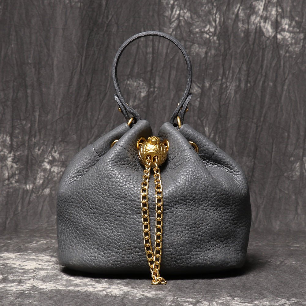 Compact Top - Grain Leather Mini Drawstring Bucket Handbag – Babylon Leather - Babylon LeatherBabylon LeatherLJ142-Grey