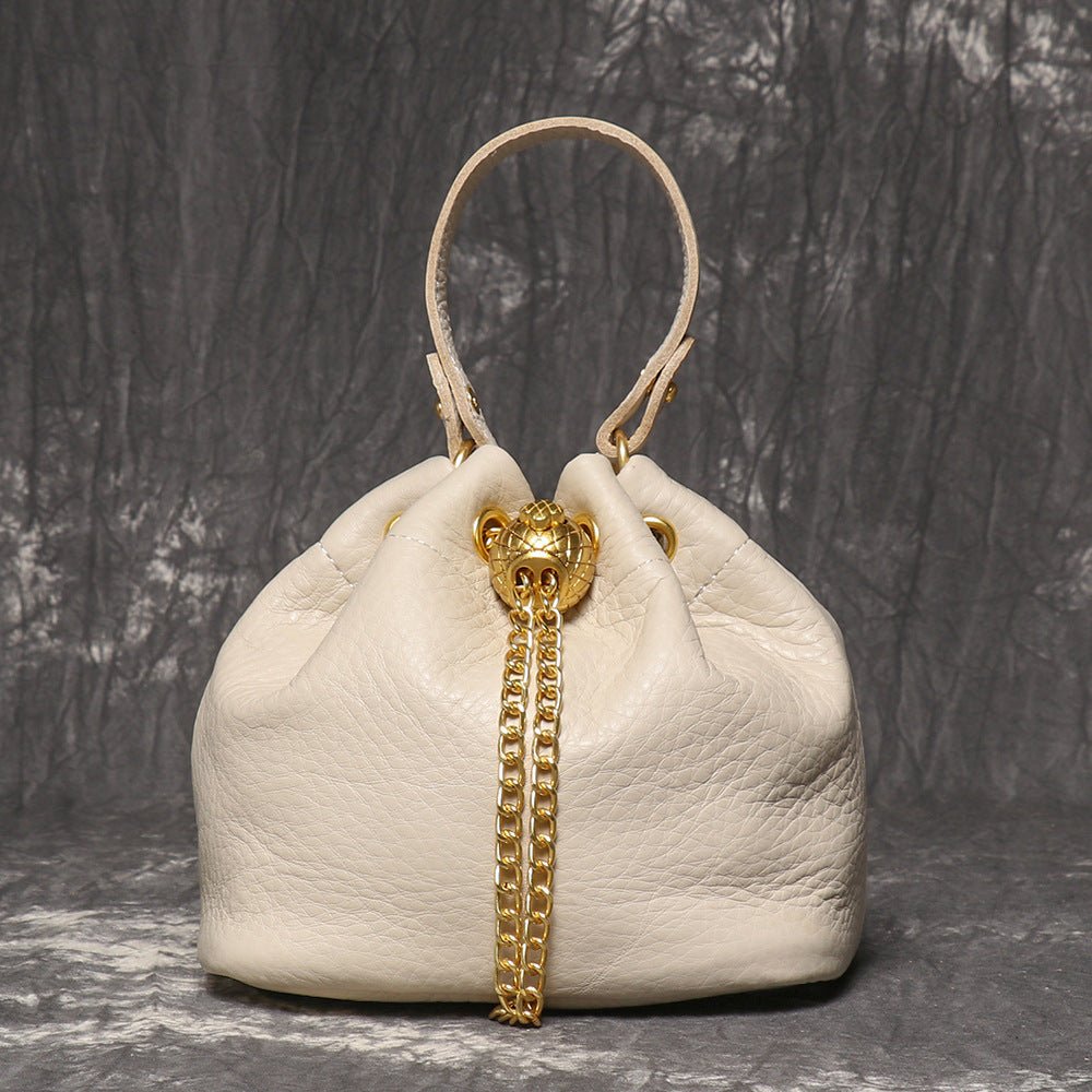 Compact Top - Grain Leather Mini Drawstring Bucket Handbag – Babylon Leather - Babylon LeatherBabylon LeatherLJ142-White