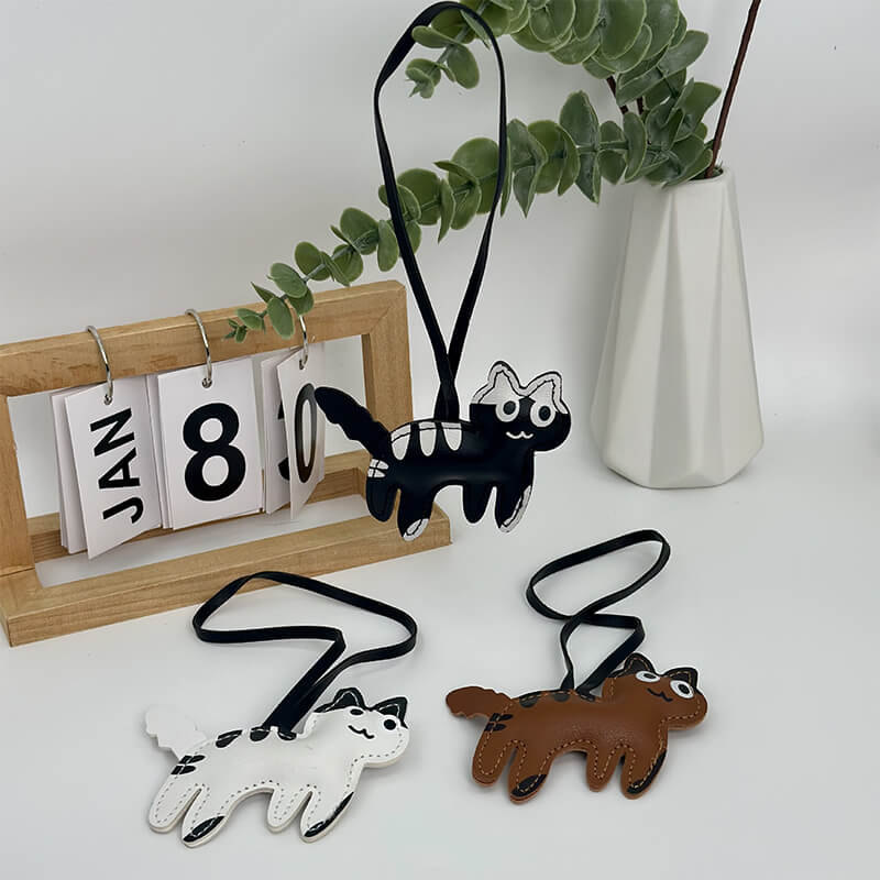 Cow Print Cat PU Leather Bag Charm Keychain - Babylon Leather - Babylon LeatherBabylon LeatherPP25-Black