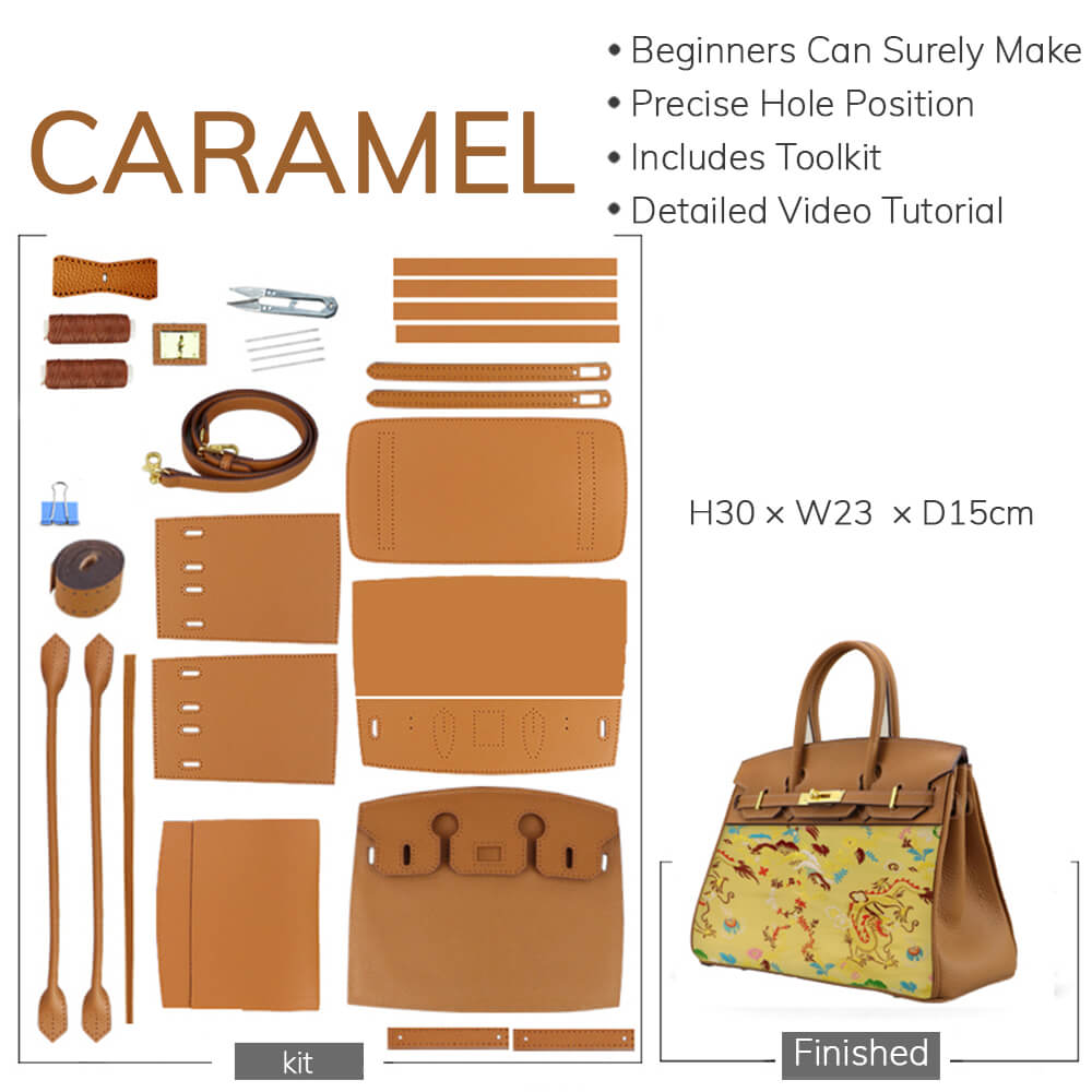 Customizable Panel Birkin - Style Leather Tote Bag DIY Kit – Babylon Leather - Babylon LeatherBabylon LeatherSYR63-Caramel-Heat-Activated Adhesive & Gold-Color-Matched & With Fabric