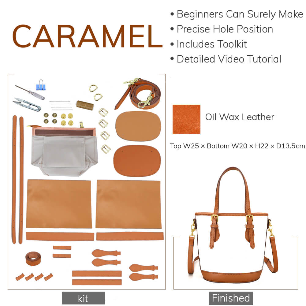 Customizable Panel Large Designer Bucket Bag DIY Kit – Babylon Leather - Babylon LeatherBabylon LeatherSYR26 - Caramel - Self - Adhesive Glue - Color - Matched & With Fabric