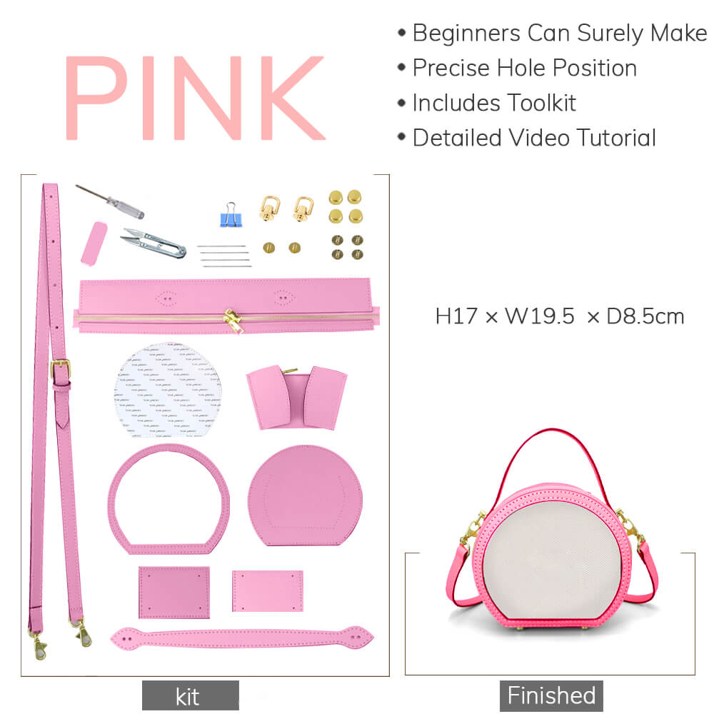 Customizable Panel Round Bag DIY Handmade Kit – Babylon Leather - Babylon LeatherBabylon LeatherSYR44 - Pink - Self - Adhesive Glue - Color - Matched & With Fabric