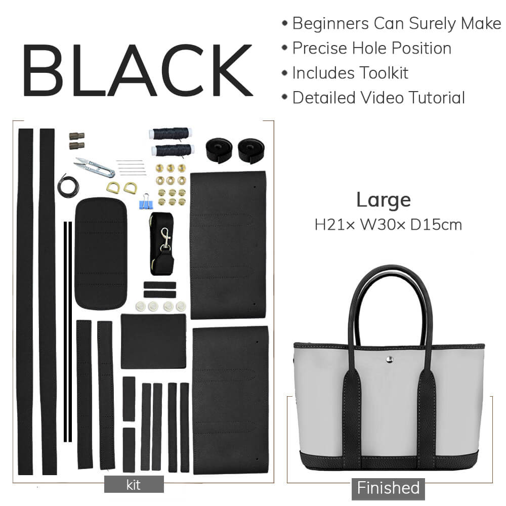 DIY Customizable Panel Garden Party Tote Bag Kit – Babylon Leather - Babylon LeatherBabylon LeatherSYR02-Black-Large & Hardware Components-Color-Matched & With Fabric