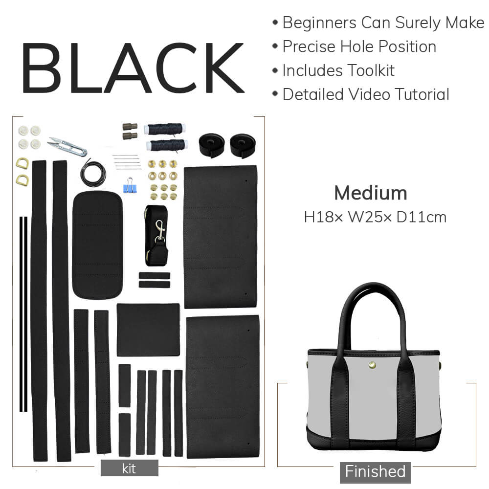 DIY Customizable Panel Garden Party Tote Bag Kit – Babylon Leather - Babylon LeatherBabylon LeatherSYR02-Black-Medium & Hardware Components-Color-Matched & With Fabric