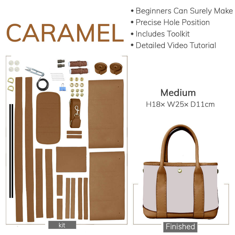 DIY Customizable Panel Garden Party Tote Bag Kit – Babylon Leather - Babylon LeatherBabylon LeatherSYR02-Caramel-Medium & Hardware Components-Color-Matched & With Fabric