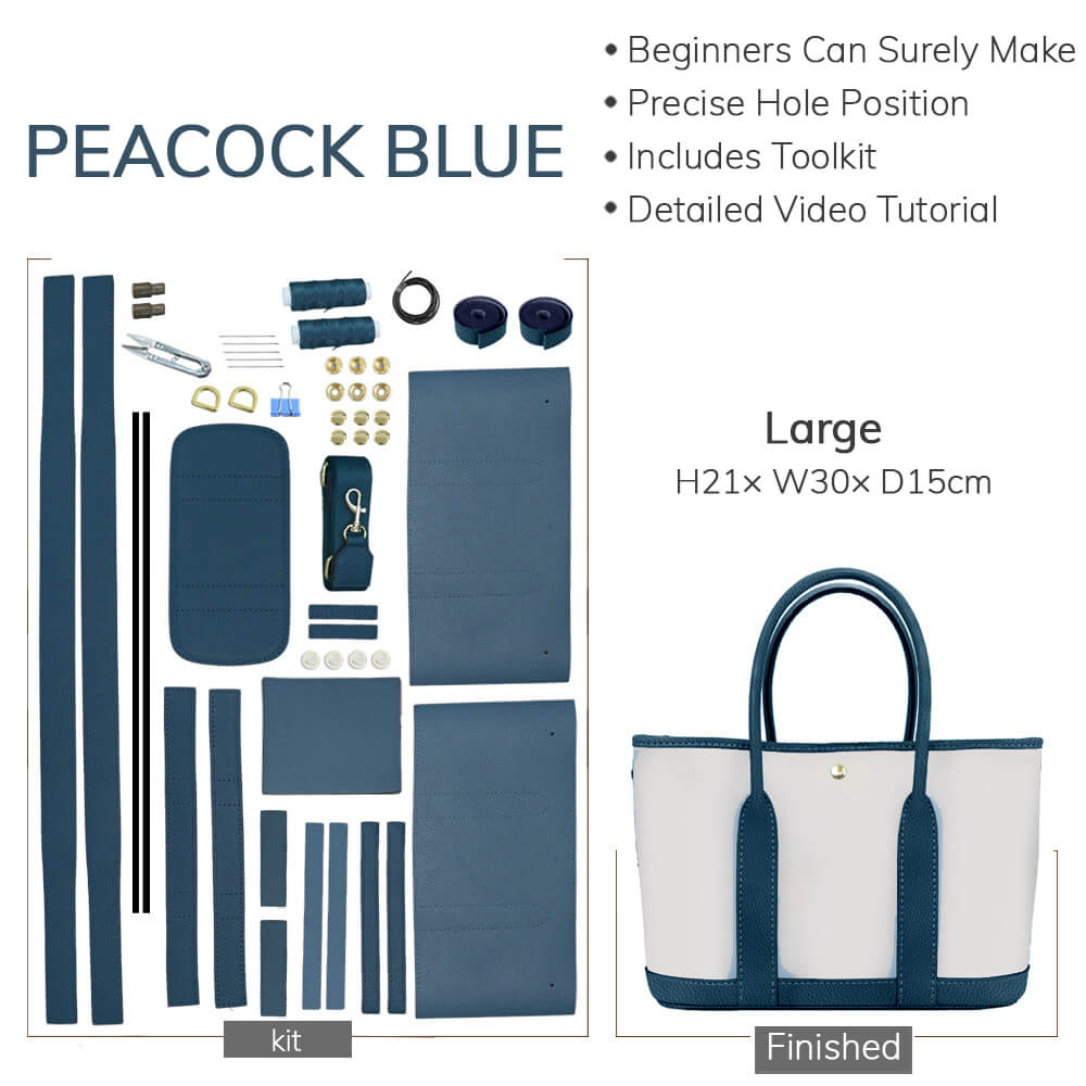DIY Customizable Panel Garden Party Tote Bag Kit – Babylon Leather - Babylon LeatherBabylon LeatherSYR02-Peacock Blue-Large & Hardware Components-Color-Matched & With Fabric
