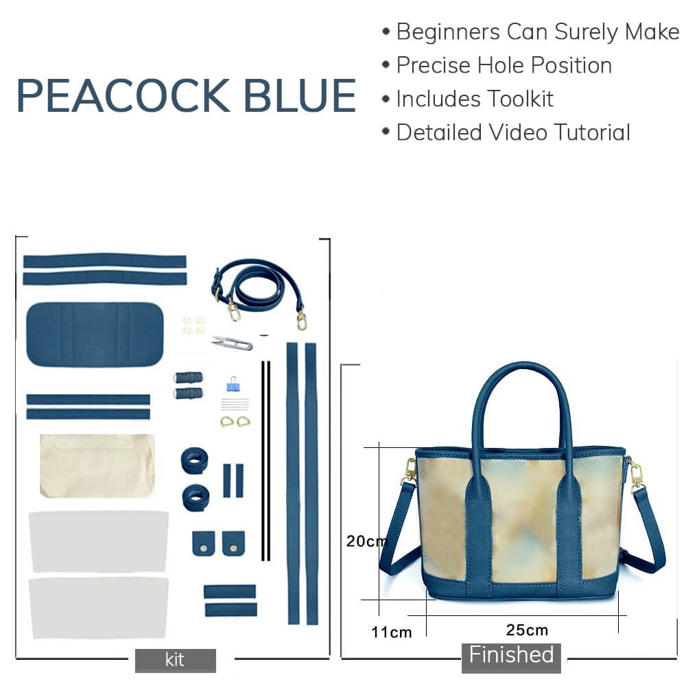 DIY Customizable Panel Garden Party Tote Bag Kit – Babylon Leather - Babylon LeatherBabylon LeatherSYR02-Peacock Blue-Medium & Hardware Components-Color-Matched & With Fabric