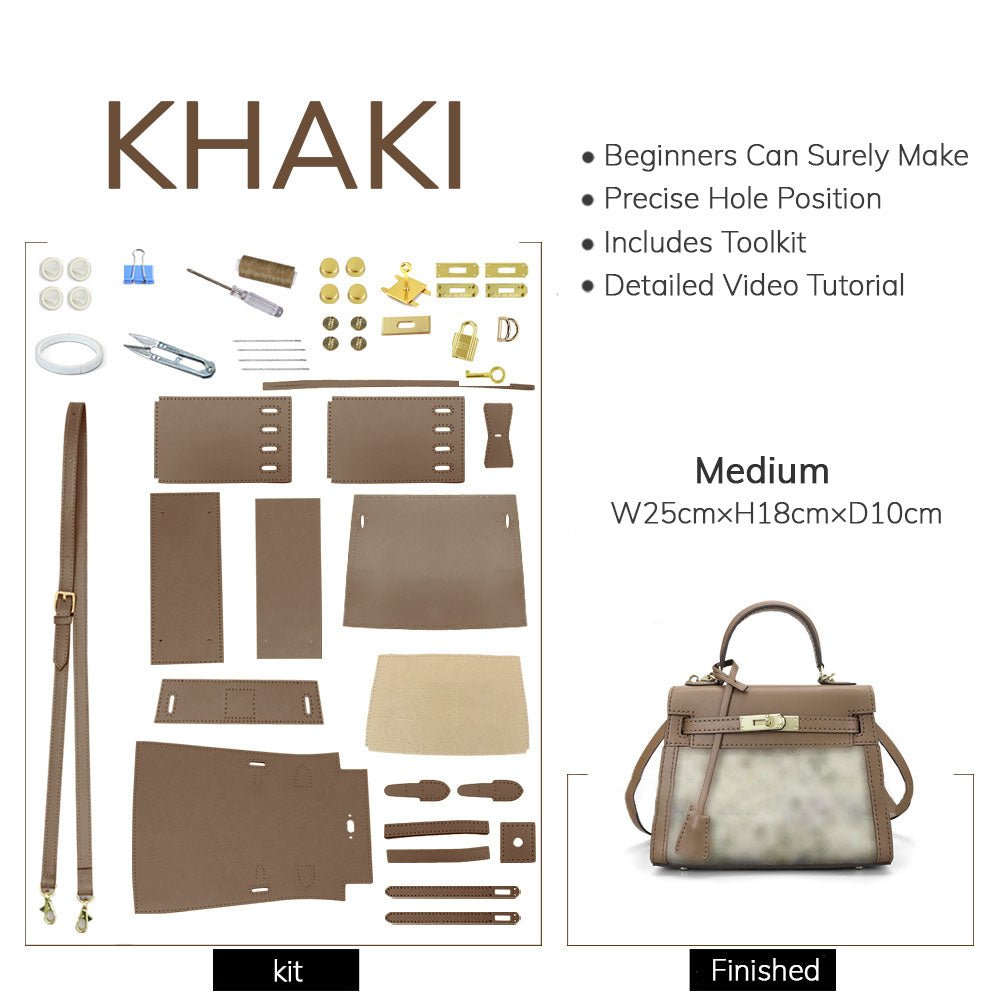 DIY Customizable Panel Kelly - Style Bag Kit – Babylon Leather - Babylon LeatherBabylon LeatherSYR06-Khaki-Medium & Self-Adhesive Glue-Color-Matched & With Fabric