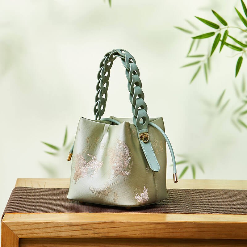Gentle Orbit Leather and Silk Handbag Bucket Bag – Babylon Leather - Babylon LeatherBabylon LeatherTX155-Green 2