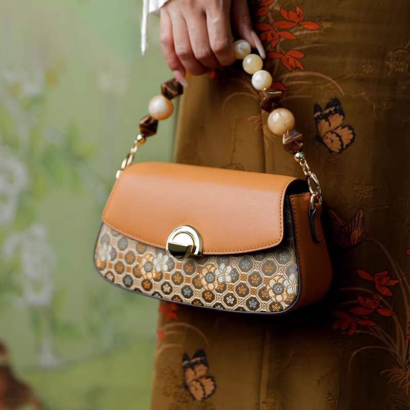 Golden Orbit Leather and Silk Handbag Crossbody Bag – Babylon Leather - Babylon LeatherBabylon LeatherTX221-Brown