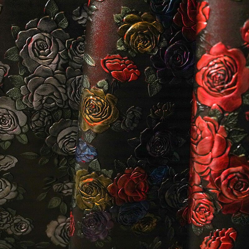 Hand-Painted Embossed Leather– Babylon Leather - Babylon LeatherBabylon LeatherLT025-Embossed Silver-White Rose Floral Pattern-1.2-1.4mm-5 sq. ft.