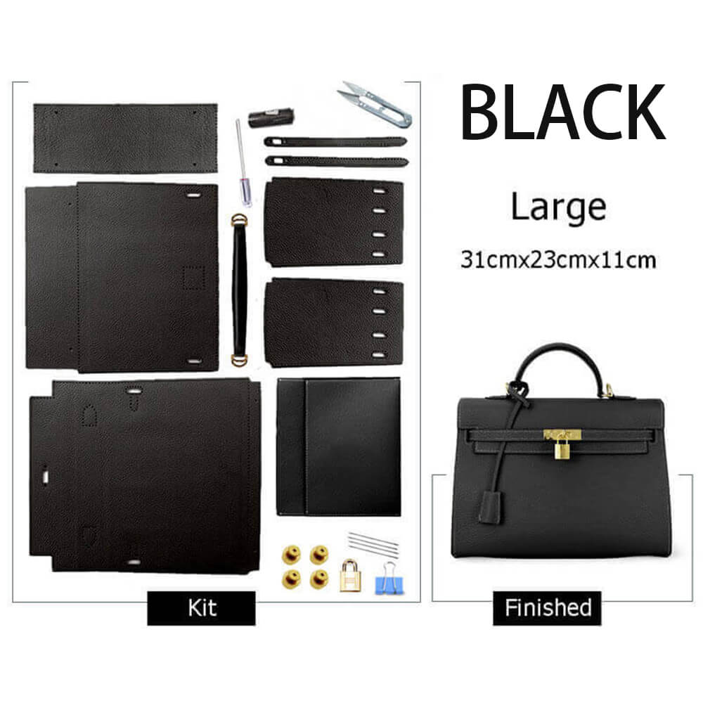Kelly-Style Epsom Leather Bag DIY Kit – Babylon Leather - Babylon LeatherBabylon LeatherSY34-Epsom-Black-Large-Gold & Color-Matched