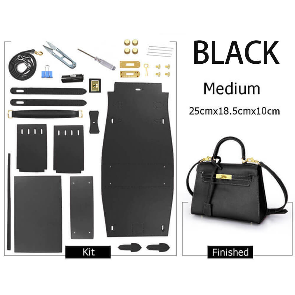 Kelly-Style Epsom Leather Bag DIY Kit – Babylon Leather - Babylon LeatherBabylon LeatherSY34-Epsom-Black-Medium-Gold & Color-Matched