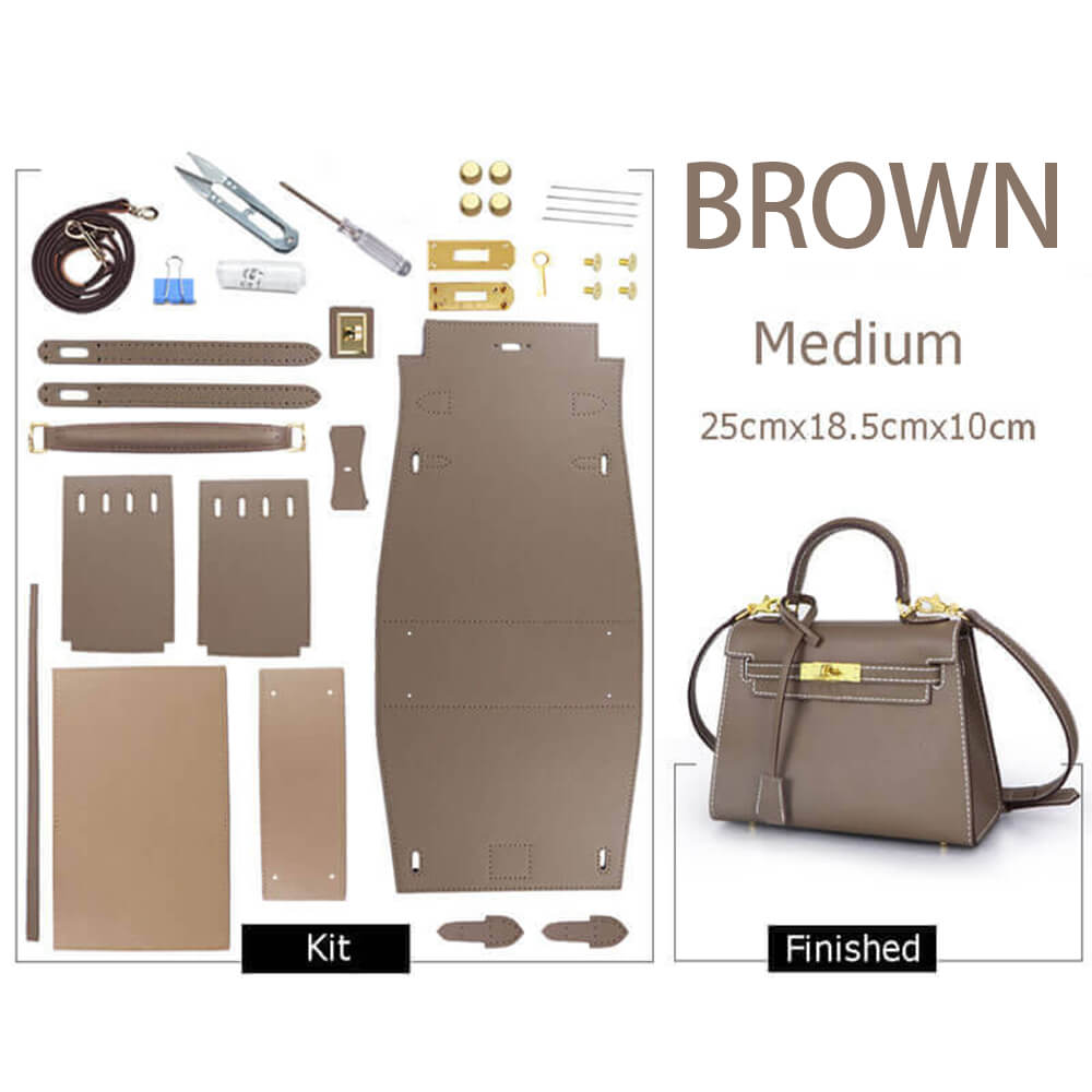 Kelly-Style Epsom Leather Bag DIY Kit – Babylon Leather - Babylon LeatherBabylon LeatherSY34-Epsom-Brown-Medium-Gold & White