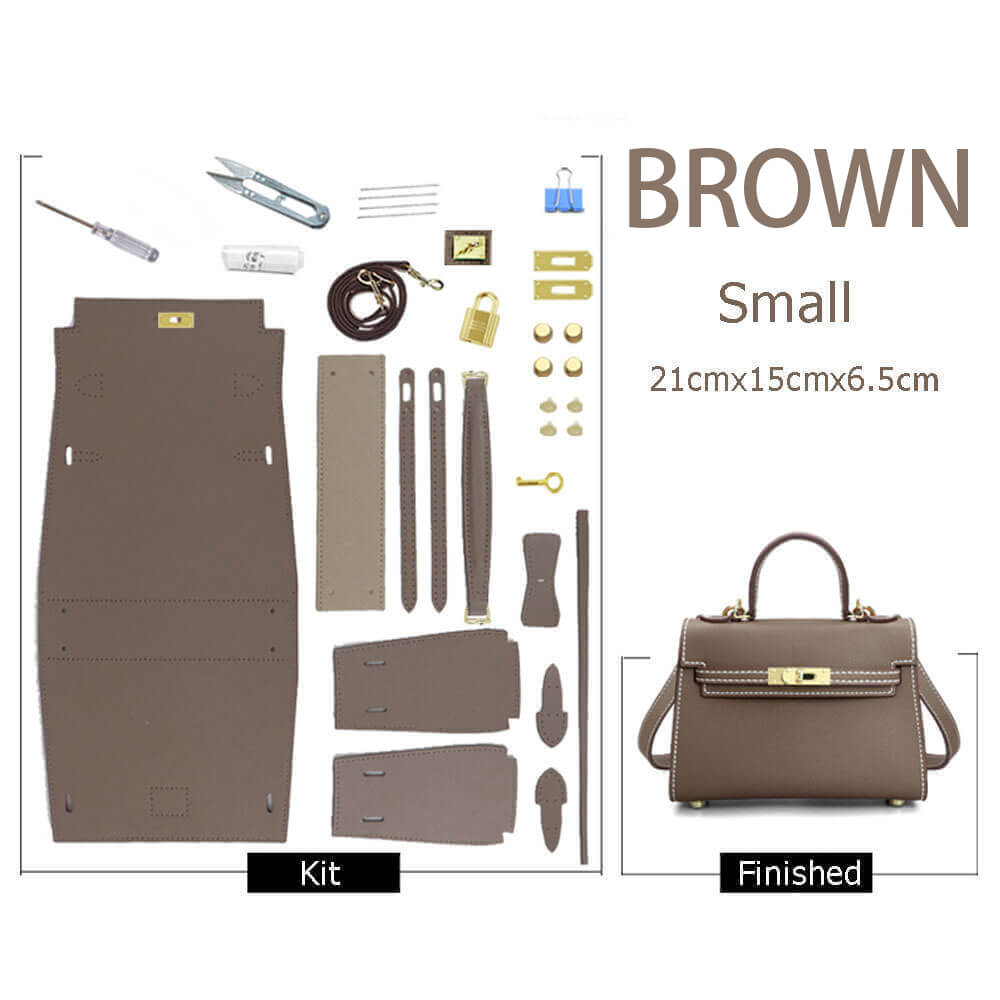 Kelly-Style Epsom Leather Bag DIY Kit – Babylon Leather - Babylon LeatherBabylon LeatherSY34-Epsom-Brown-Small-Gold & White