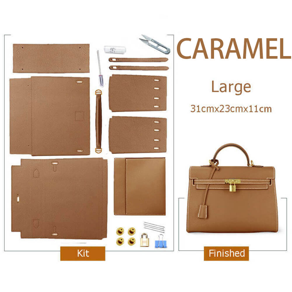 Kelly-Style Epsom Leather Bag DIY Kit – Babylon Leather - Babylon LeatherBabylon LeatherSY34-Epsom-Caramel-Large-Gold & White
