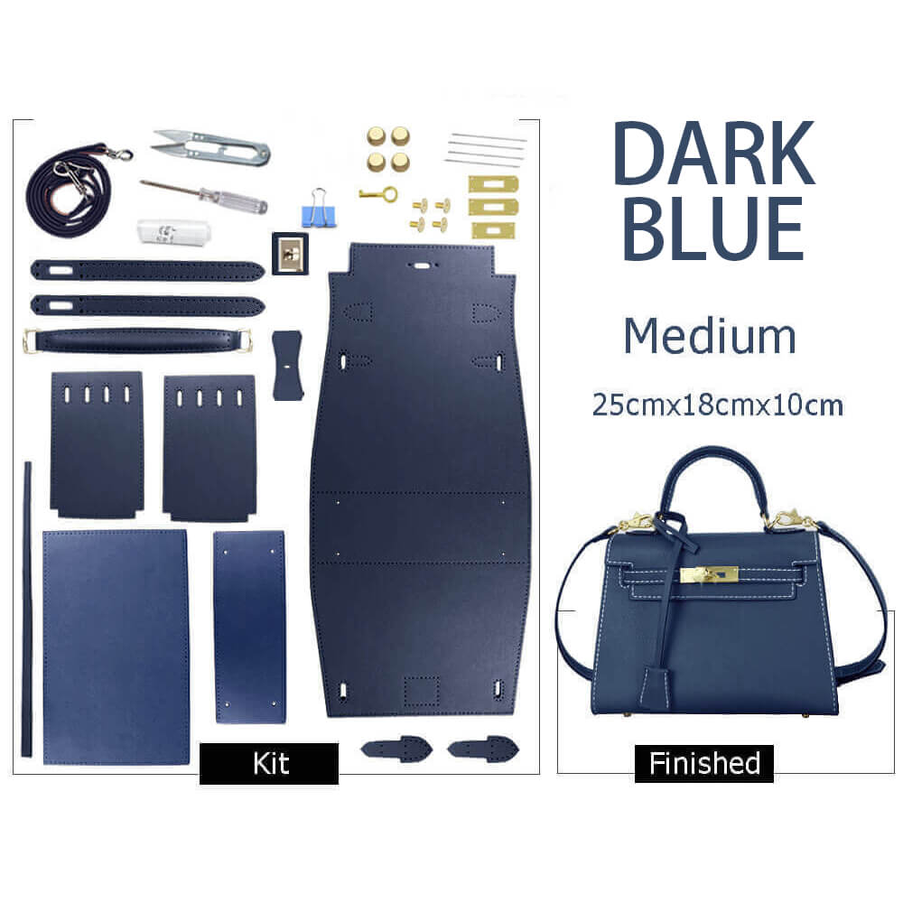 Kelly-Style Epsom Leather Bag DIY Kit – Babylon Leather - Babylon LeatherBabylon LeatherSY34-Epsom-Dark Blue-Medium-Gold & White