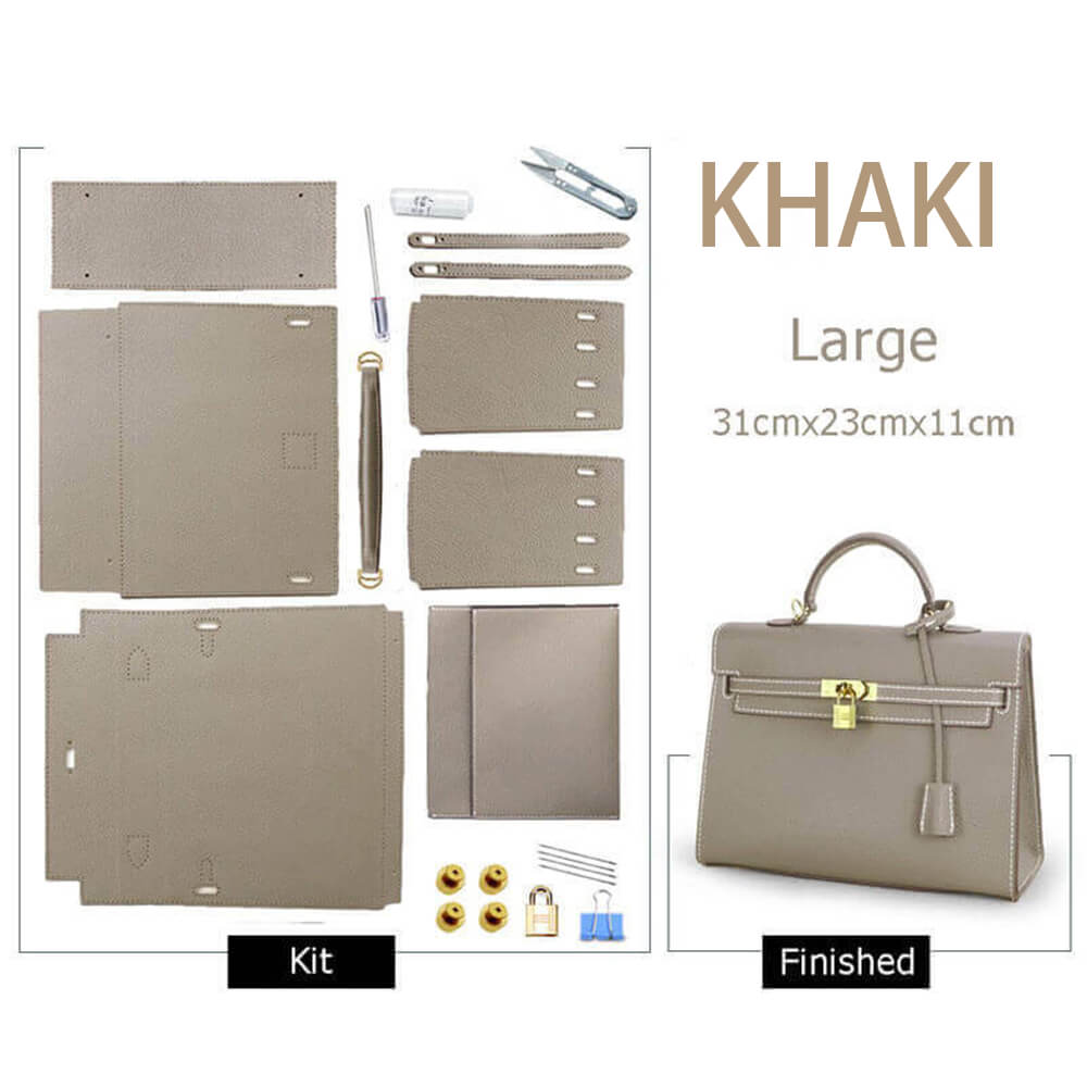 Kelly-Style Epsom Leather Bag DIY Kit – Babylon Leather - Babylon LeatherBabylon LeatherSY34-Epsom-Khaki-Large-Gold & White
