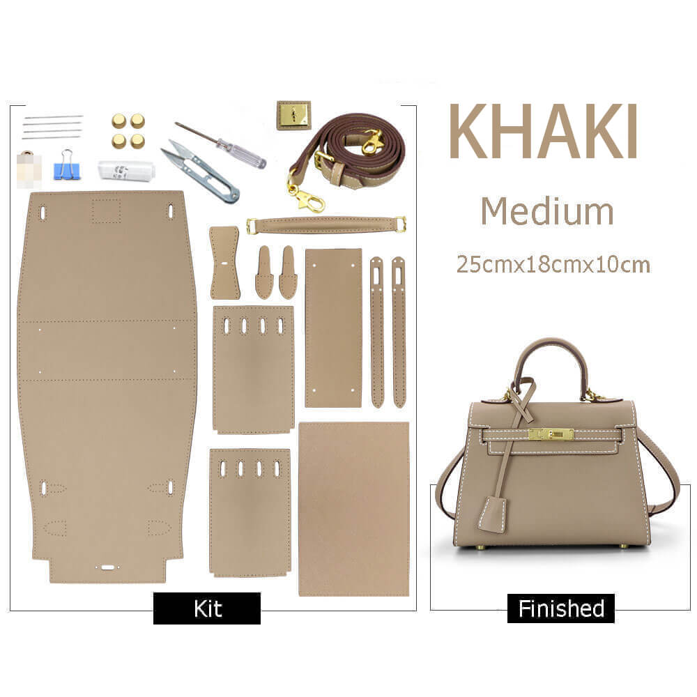 Kelly-Style Epsom Leather Bag DIY Kit – Babylon Leather - Babylon LeatherBabylon LeatherSY34-Epsom-Khaki-Medium-Silver & White