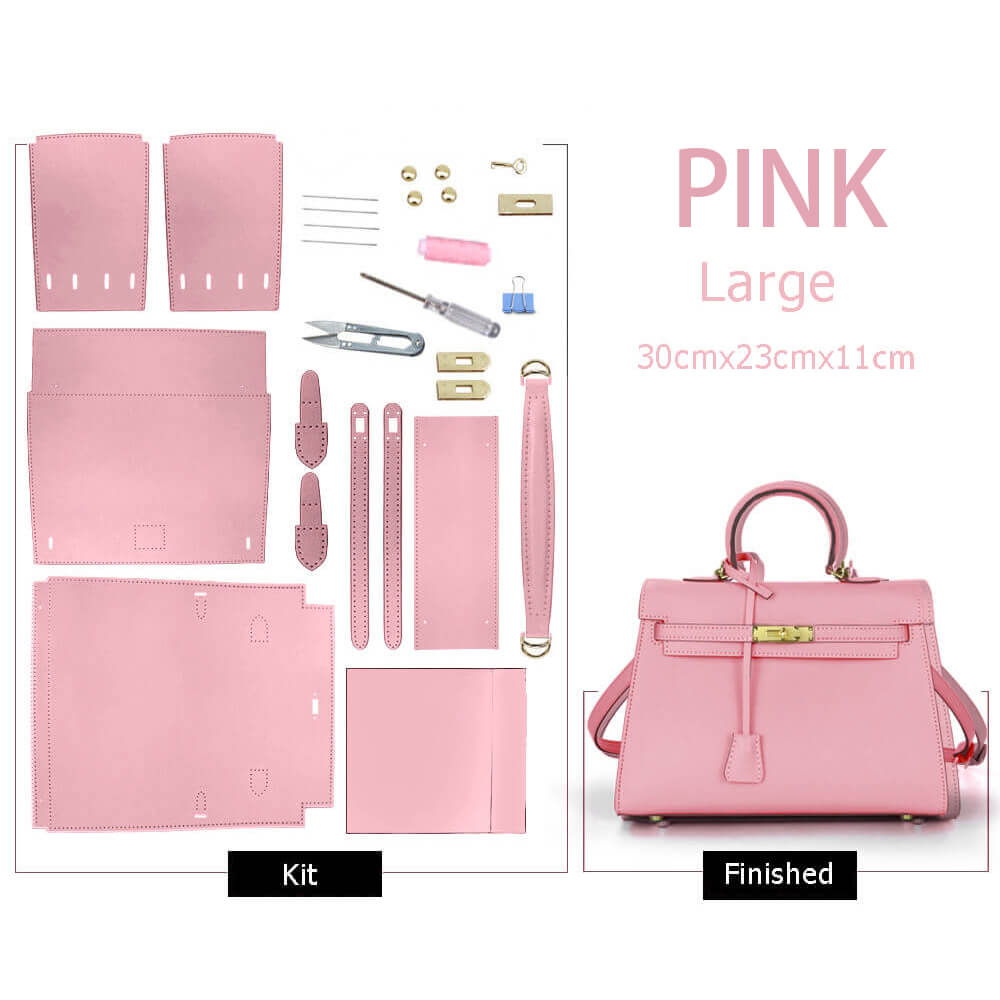 Kelly-Style Epsom Leather Bag DIY Kit – Babylon Leather - Babylon LeatherBabylon LeatherSY34-Epsom-Pink-Large-Gold & White