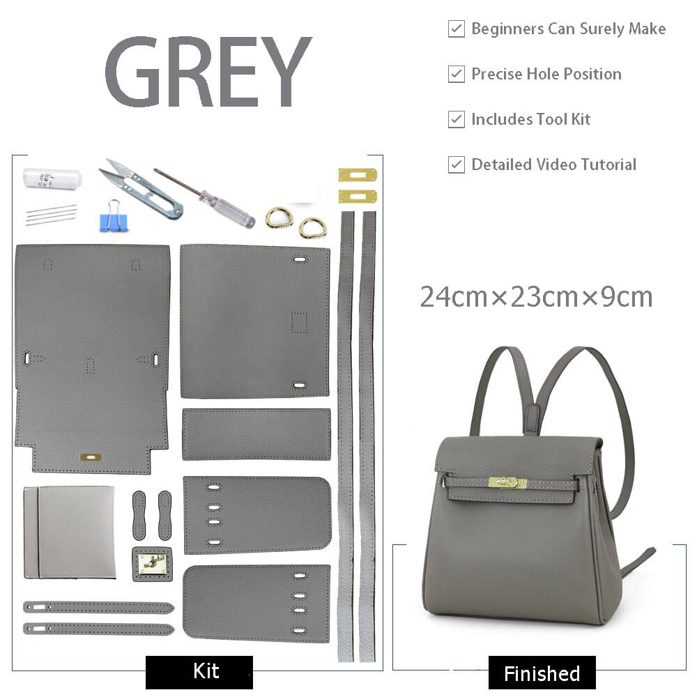 Kelly-Style Leather Backpack DIY Kit – Babylon Leather - Babylon LeatherBabylon LeatherSY12-Grey-Gold-White
