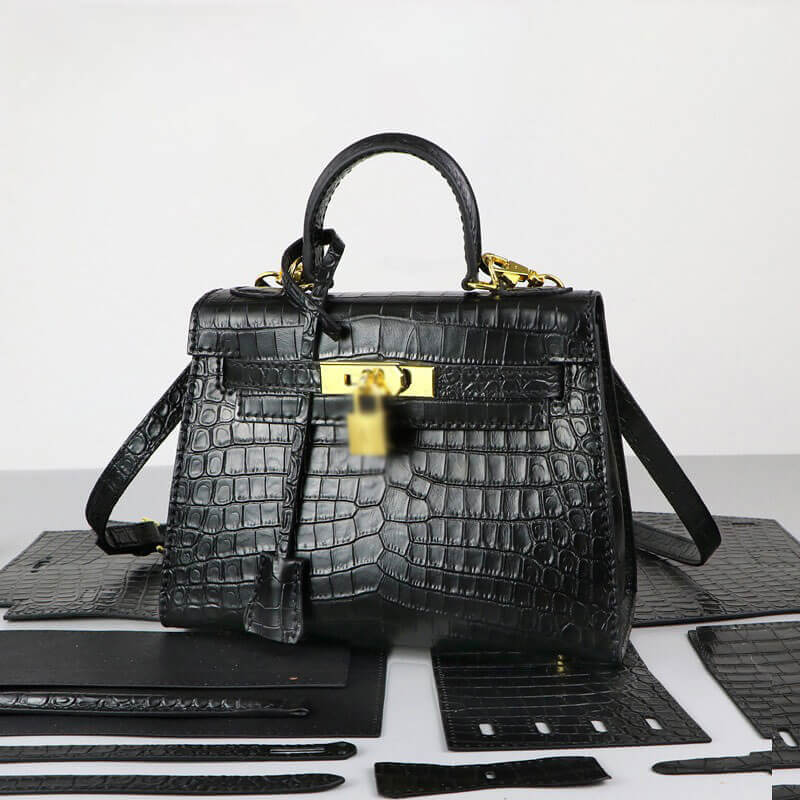 Kelly-Style Leather Bag DIY Kit with Crocodile Pattern Leather – Babylon Leather - Babylon LeatherBabylon LeatherSY29-Black-Gold-Color-Matched