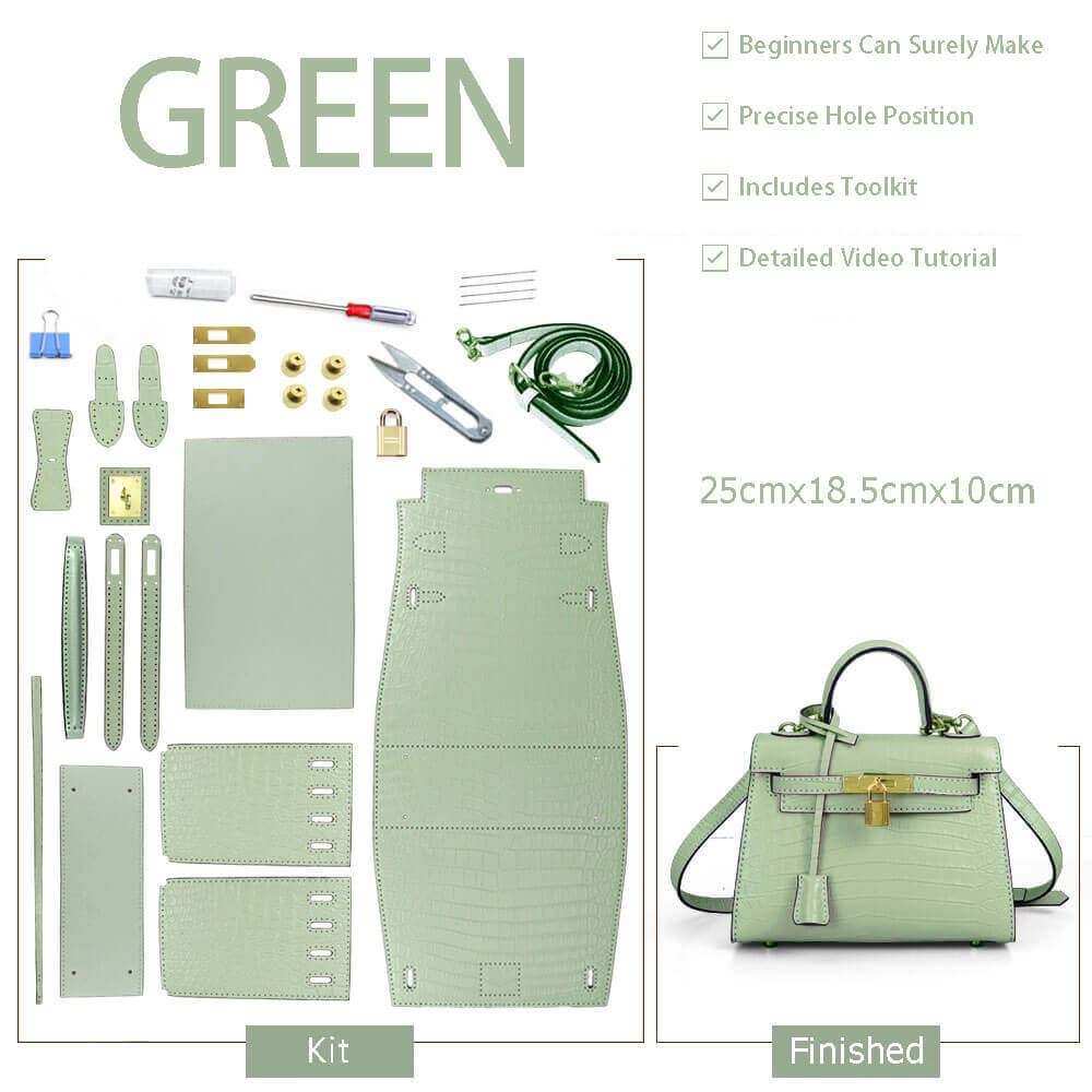 Kelly - Style Leather Bag DIY Kit with Crocodile Pattern Leather – Babylon Leather - Babylon LeatherBabylon LeatherSY29 - Green - Gold - White