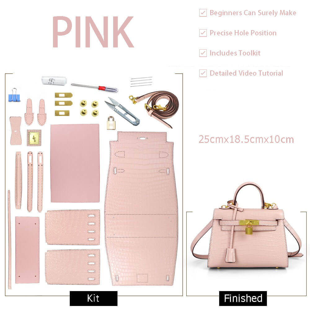 Kelly - Style Leather Bag DIY Kit with Crocodile Pattern Leather – Babylon Leather - Babylon LeatherBabylon LeatherSY29 - Pink - Gold - White