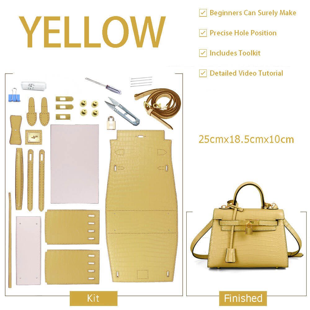 Kelly - Style Leather Bag DIY Kit with Crocodile Pattern Leather – Babylon Leather - Babylon LeatherBabylon LeatherSY29 - Yellow - Gold - White