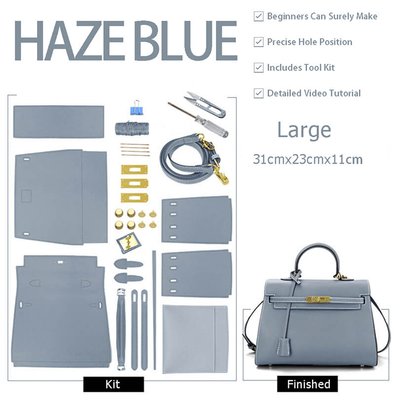 Kelly - Style Leather Bag DIY Kit with Lychee Pattern Leather – Babylon Leather - Babylon LeatherBabylon Grand SaleBabylon LeatherSY34-Lychee-Haze Blue-Large-Gold & White