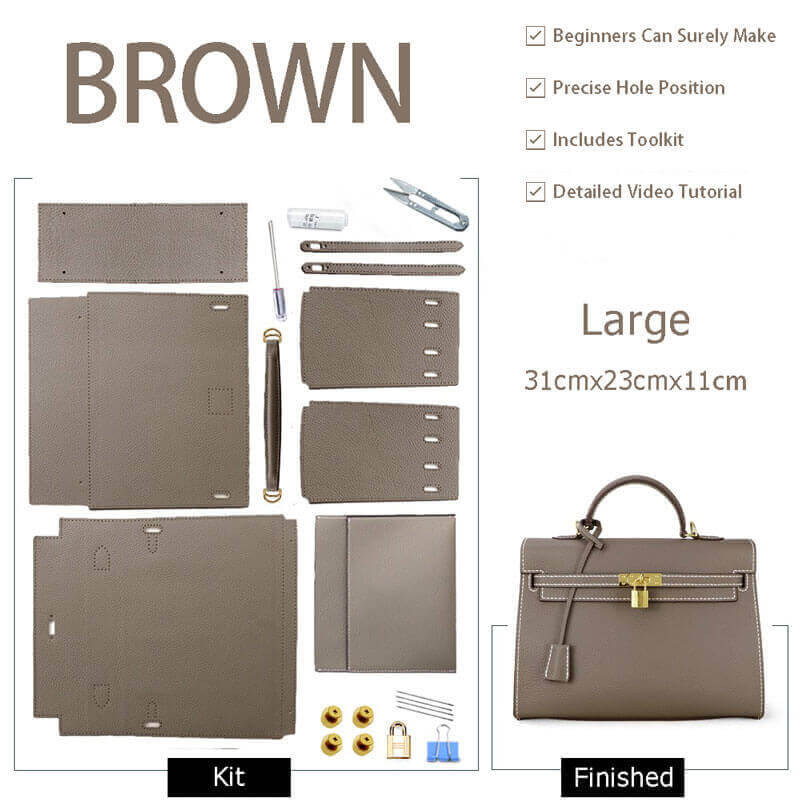 Kelly - Style Leather Bag DIY Kit with Lychee Pattern Leather – Babylon Leather - Babylon LeatherBabylon LeatherSY34 - Lychee - Brown - Large - Gold & White