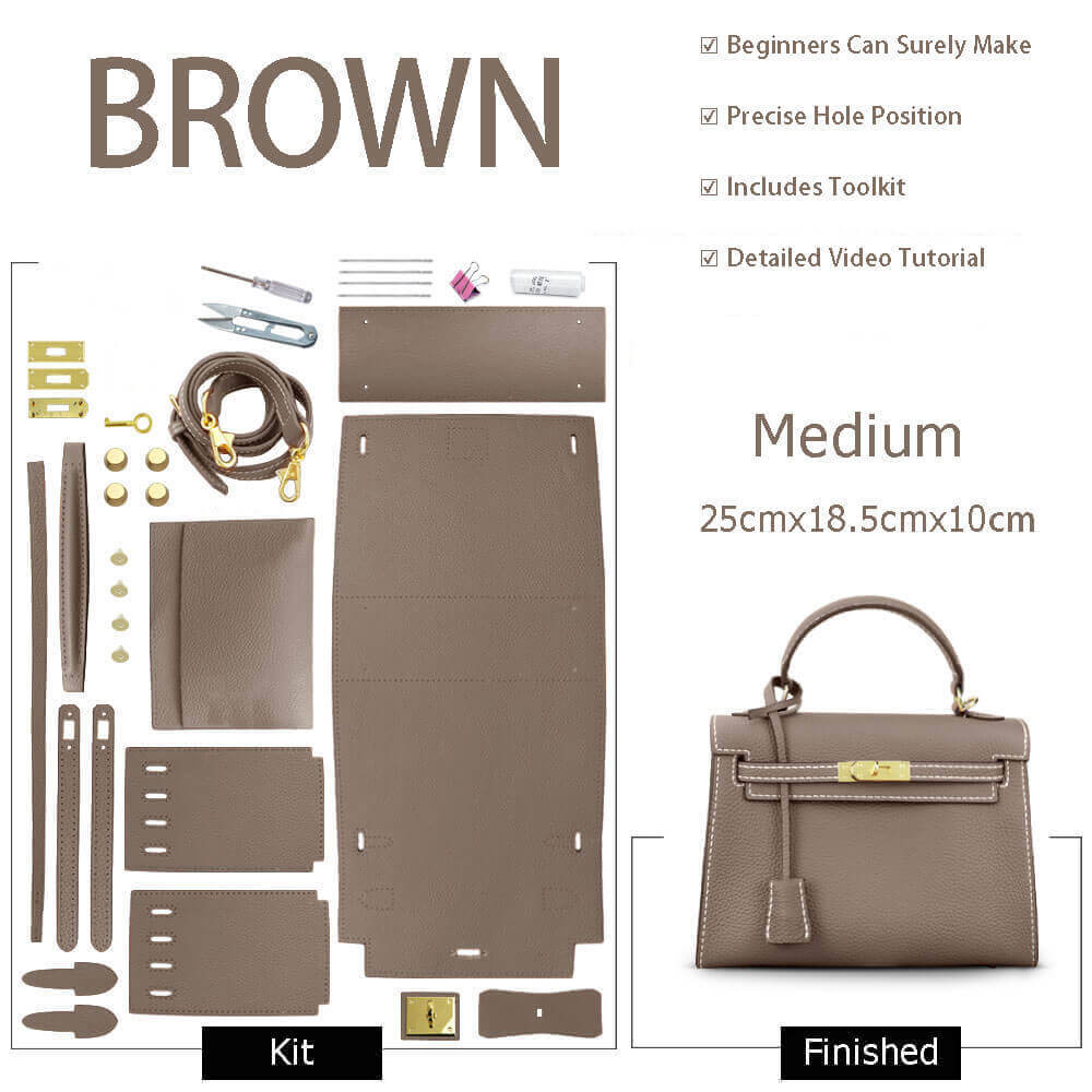 Kelly - Style Leather Bag DIY Kit with Lychee Pattern Leather – Babylon Leather - Babylon LeatherBabylon LeatherSY34 - Lychee - Brown - Medium - Gold & White
