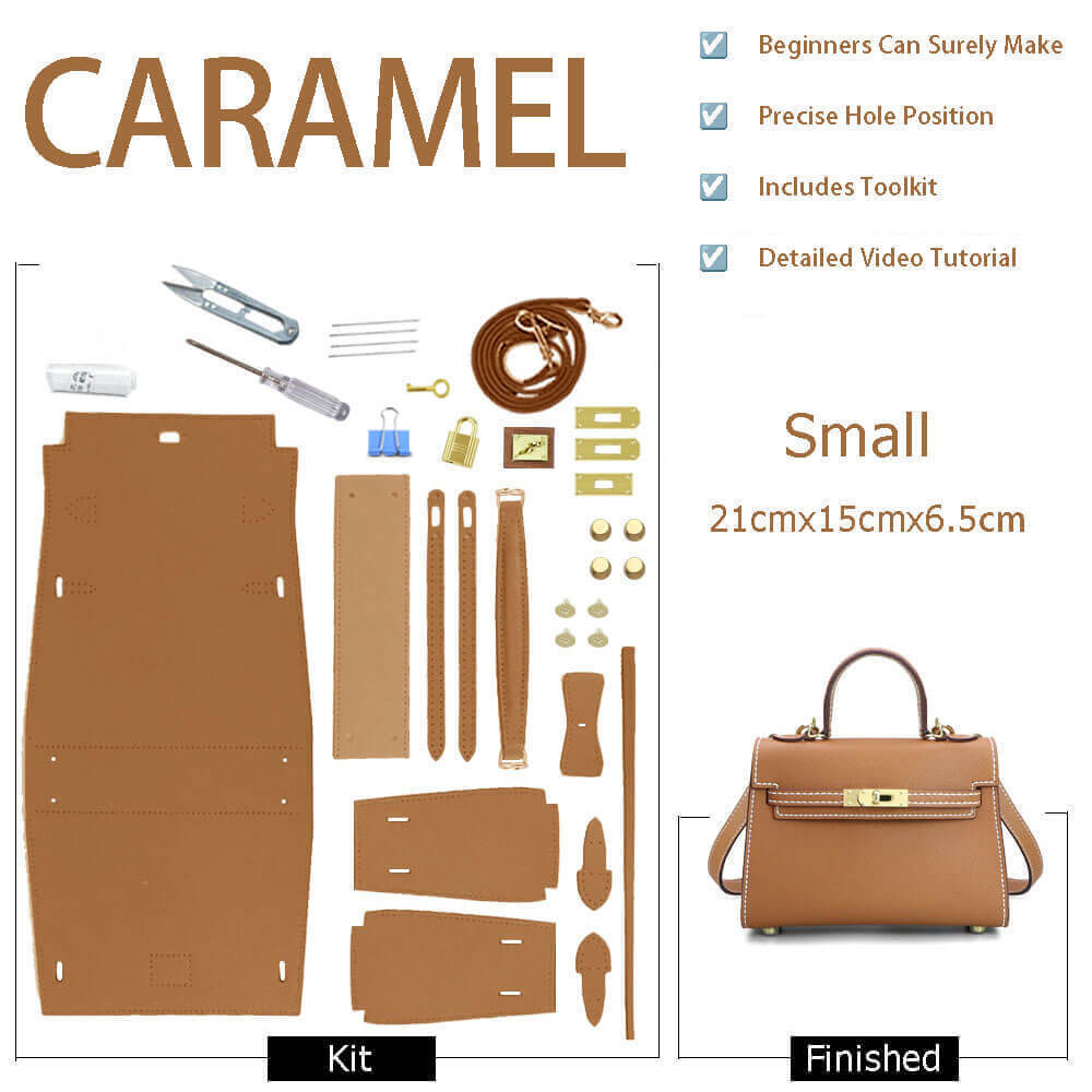 Kelly - Style Leather Bag DIY Kit with Lychee Pattern Leather – Babylon Leather - Babylon LeatherBabylon LeatherSY34 - Lychee - Caramel - Small - Gold & White