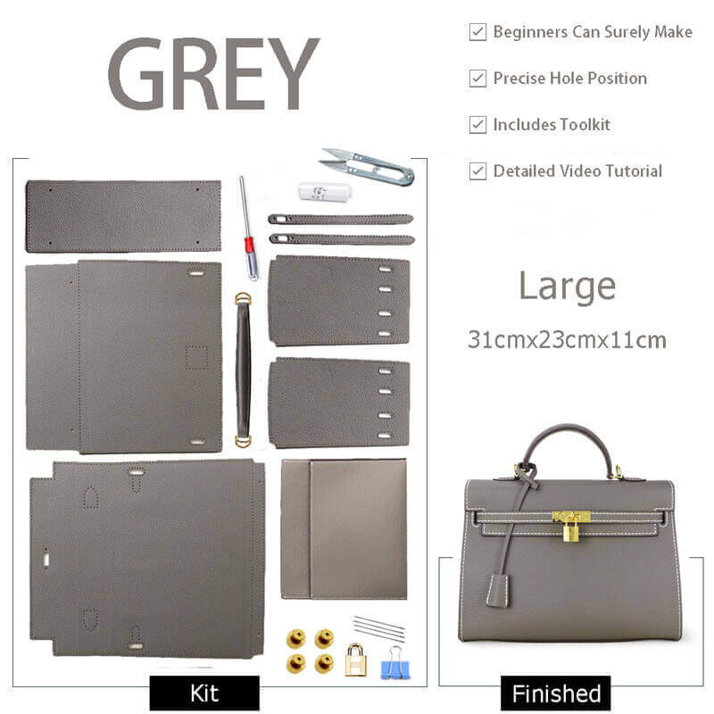 Kelly - Style Leather Bag DIY Kit with Lychee Pattern Leather – Babylon Leather - Babylon LeatherBabylon LeatherSY34-Lychee-Grey-Large-Gold & White