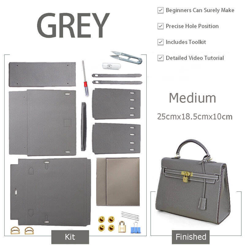 Kelly - Style Leather Bag DIY Kit with Lychee Pattern Leather – Babylon Leather - Babylon LeatherBabylon LeatherSY34-Lychee-Grey-Medium-Gold & White