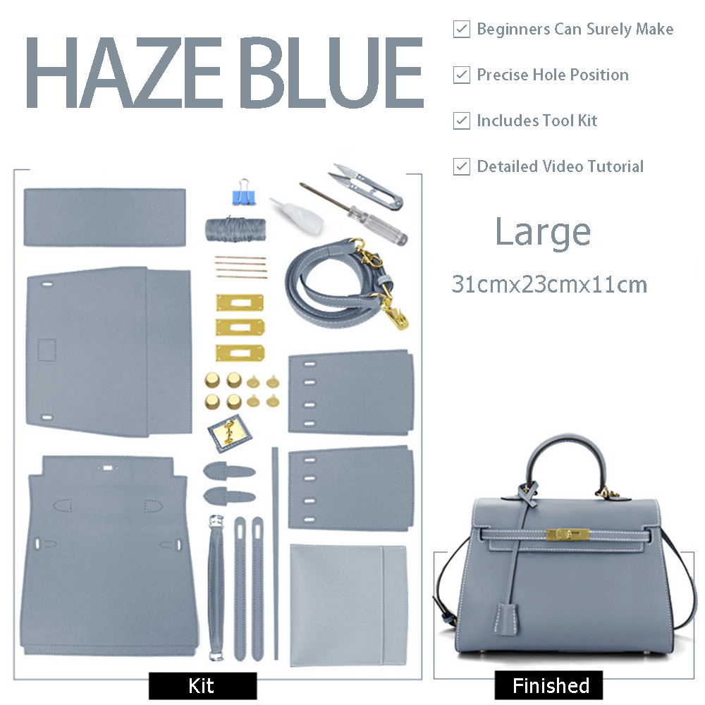 Kelly - Style Leather Bag DIY Kit with Lychee Pattern Leather – Babylon Leather - Babylon LeatherBabylon LeatherSY34-Lychee-Haze Blue-Large-Gold & White