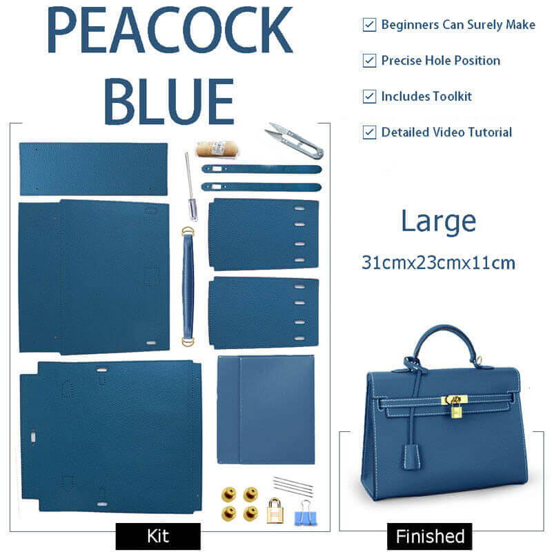 Kelly - Style Leather Bag DIY Kit with Lychee Pattern Leather – Babylon Leather - Babylon LeatherBabylon LeatherSY34-Lychee-Peacock Blue-Large-Gold & White