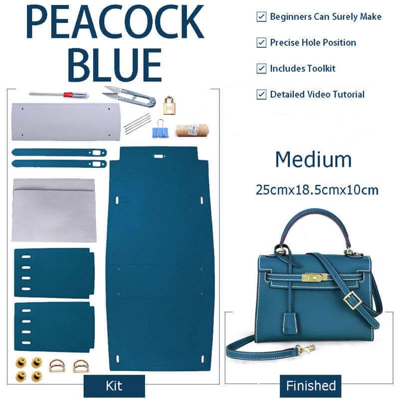 Kelly - Style Leather Bag DIY Kit with Lychee Pattern Leather – Babylon Leather - Babylon LeatherBabylon LeatherSY34-Lychee-Peacock Blue-Medium-Gold & White
