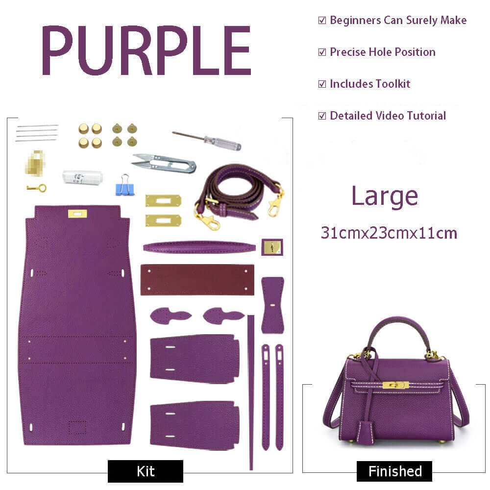 Kelly - Style Leather Bag DIY Kit with Lychee Pattern Leather – Babylon Leather - Babylon LeatherBabylon LeatherSY34 - Lychee - Purple - Large - Gold & White