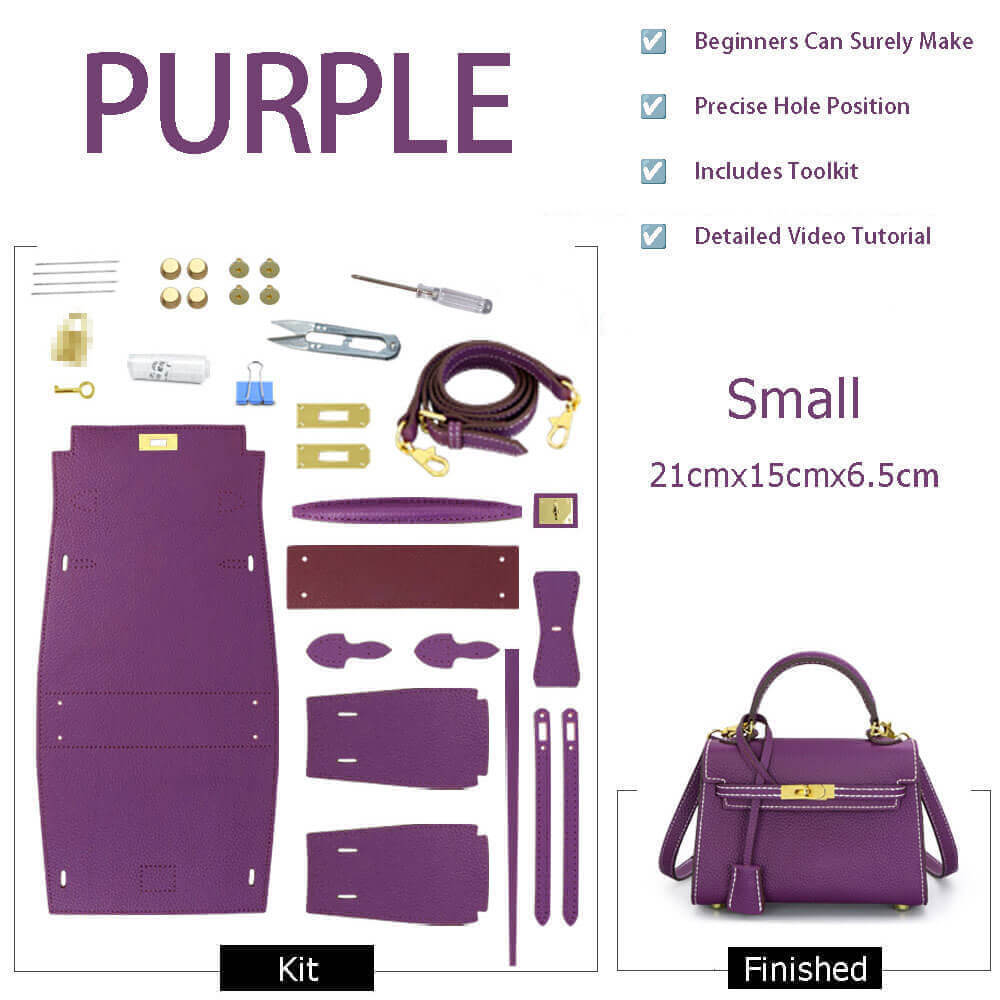 Kelly - Style Leather Bag DIY Kit with Lychee Pattern Leather – Babylon Leather - Babylon LeatherBabylon LeatherSY34 - Lychee - Purple - Small - Gold & White