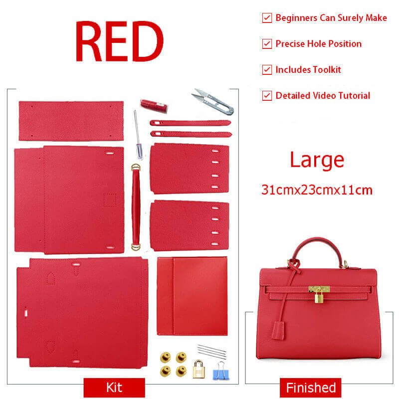 Kelly - Style Leather Bag DIY Kit with Lychee Pattern Leather – Babylon Leather - Babylon LeatherBabylon LeatherSY34 - Lychee - Red - Large - Gold & Color - Matched