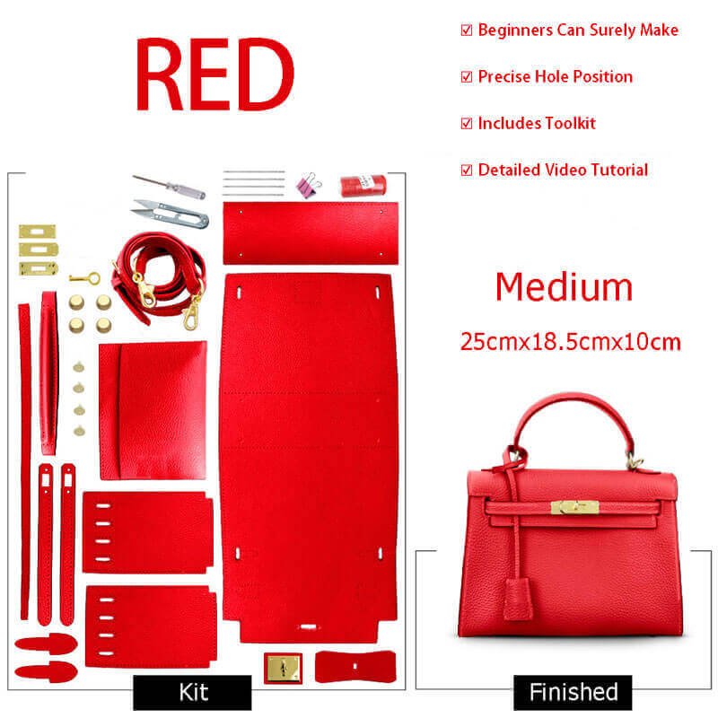 Kelly - Style Leather Bag DIY Kit with Lychee Pattern Leather – Babylon Leather - Babylon LeatherBabylon LeatherSY34 - Lychee - Red - Medium - Gold & Color - Matched