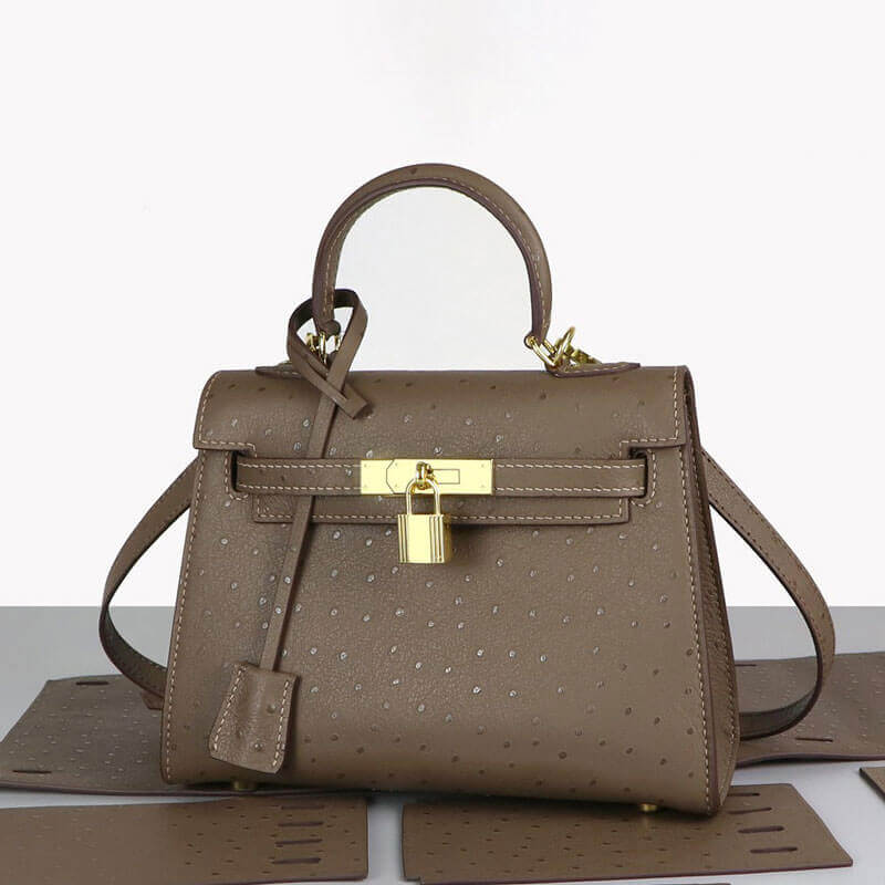 Kelly-Style Leather Bag DIY Kit with Oblique Holes Ostrich Pattern Leather – Babylon Leather - Babylon LeatherBabylon LeatherSY36-Ostrich-Brown-Gold-Color-Matched