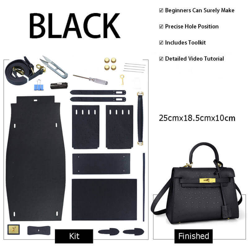 Kelly - Style Leather Bag DIY Kit with Ostrich Pattern Leather – Babylon Leather - Babylon LeatherBabylon LeatherSY36-Ostrich-Black-Gold-Color-Matched