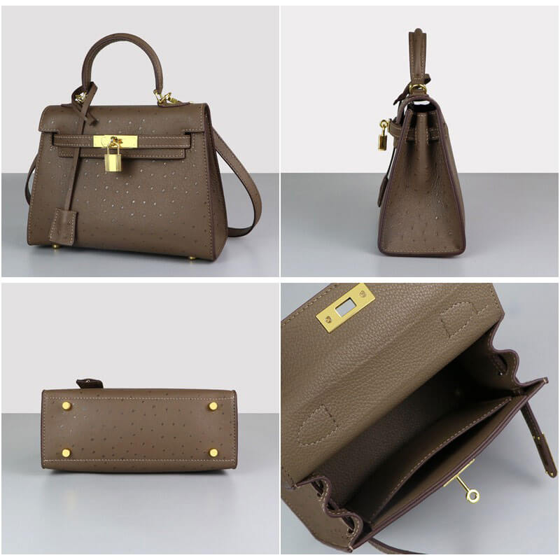 Kelly - Style Leather Bag DIY Kit with Ostrich Pattern Leather – Babylon Leather - Babylon LeatherBabylon LeatherSY36 - Ostrich - Brown - Gold - Color - Matched