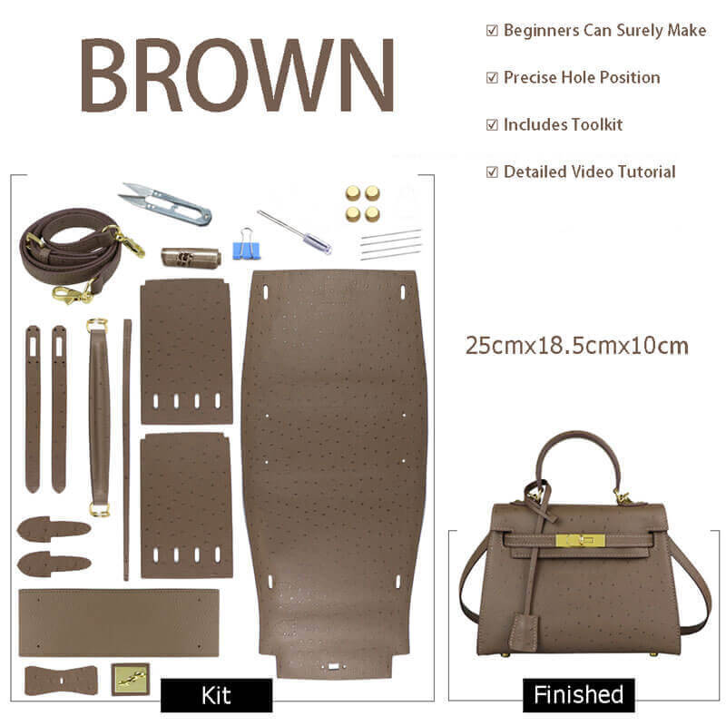 Kelly - Style Leather Bag DIY Kit with Ostrich Pattern Leather – Babylon Leather - Babylon LeatherBabylon LeatherSY36-Ostrich-Brown-Gold-Color-Matched