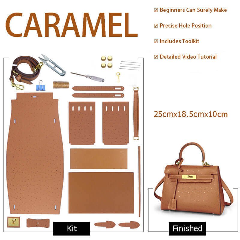 Kelly - Style Leather Bag DIY Kit with Ostrich Pattern Leather – Babylon Leather - Babylon LeatherBabylon LeatherSY36-Ostrich-Caramel-Gold-Color-Matched