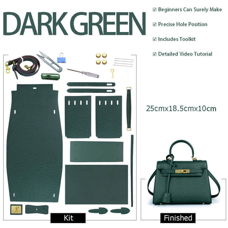 Kelly - Style Leather Bag DIY Kit with Ostrich Pattern Leather – Babylon Leather - Babylon LeatherBabylon LeatherSY36-Ostrich-Dark Green-Gold-Color-Matched